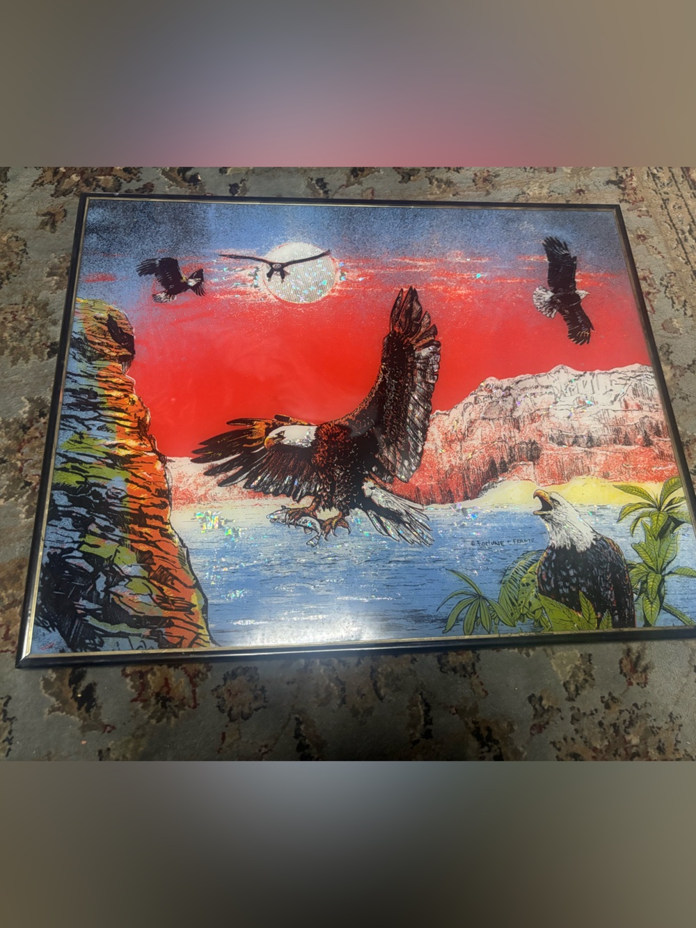 Vintage Patriotic Eagle Shimmering Wall Art Print - Red and Blue Landscape